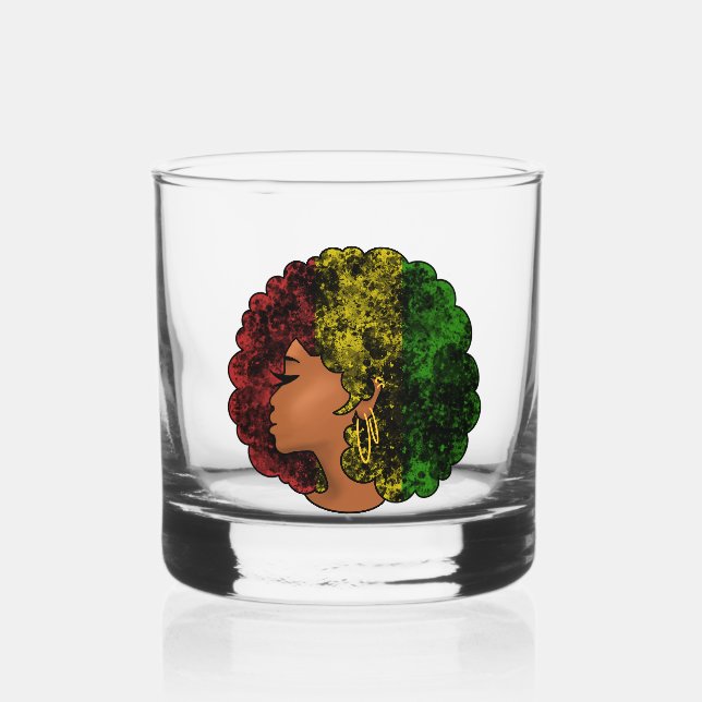 Rasta black girl woman afro red yellow green  whiskey glass (Front)