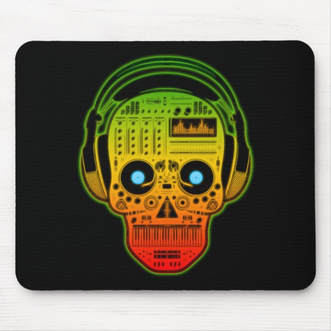 Rasta Day Of Dead, Sugar Skull DJ With Headphones Mouse Pad (Front)