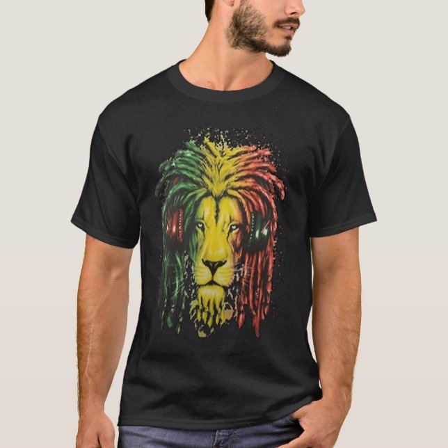 Rasta Dreadlock Lion with Headphones T-Shirt (Front)