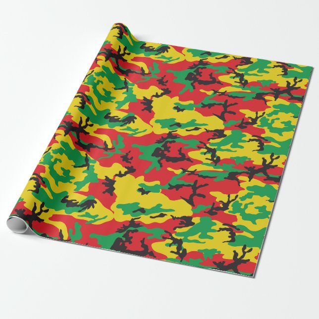 Rasta Flag Colors Camouflage Print Wrapping Paper (Unrolled)