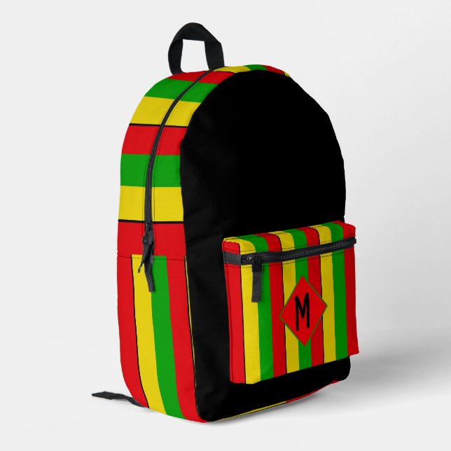Rasta Flag Colors Striped Monogram Printed Backpack (Back Corner Left)