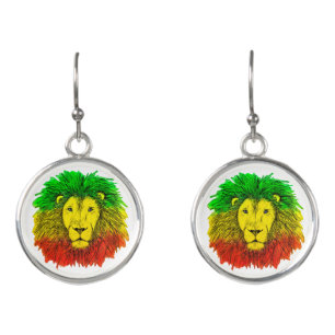 Rasta lion head red yellow green drawing Jamaica  Earrings