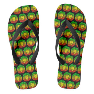 Rasta lion head red yellow green drawing Jamaica Flip Flops
