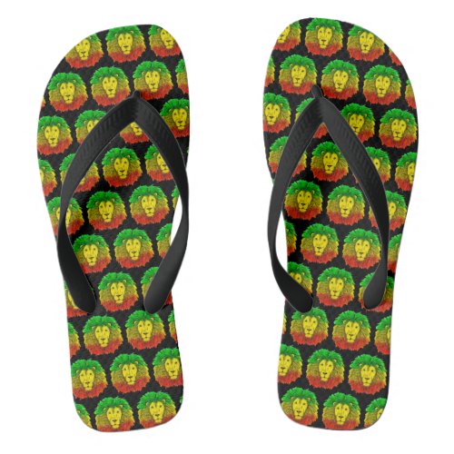 Rasta lion head red yellow green drawing Jamaica  Flip Flops