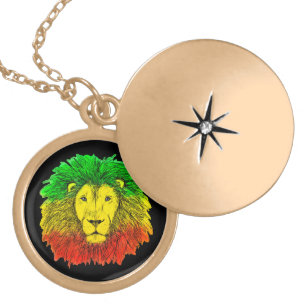 Rasta lion head red yellow green drawing Jamaica  Gold Plated Necklace