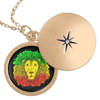 Rasta Lion Head Red Yellow Green Drawing Jamaica  Gold Plated Necklace by CharmedPix at Zazzle