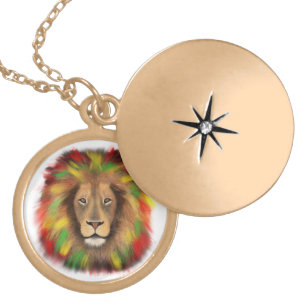Rasta lion head red yellow green drawing Jamaica Gold Plated Necklace