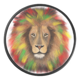 Rasta lion head red yellow green drawing Jamaica  Hockey Puck