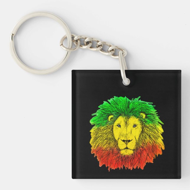 Rasta lion head red yellow green drawing Jamaica  Keychain (Front)