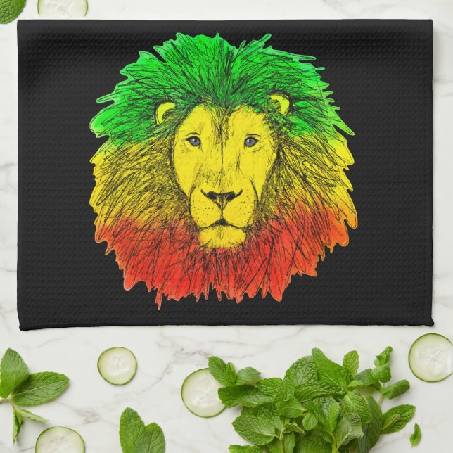 Rasta lion head red yellow green drawing Jamaica  Kitchen Towel (Folded)
