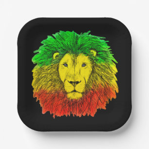Rasta lion head red yellow green drawing Jamaica  Paper Plates