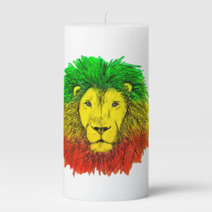 Rasta lion head red yellow green drawing Jamaica Pillar Candle