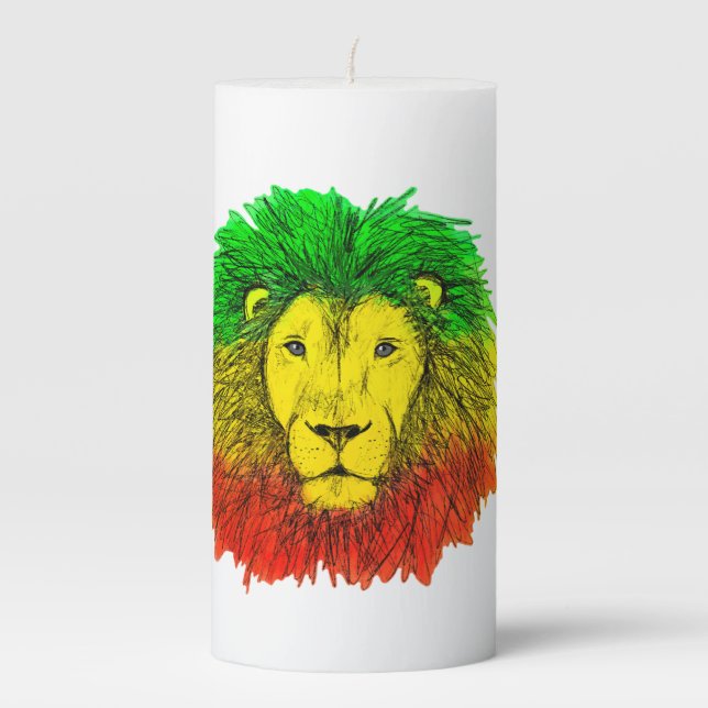 Rasta lion head red yellow green drawing Jamaica  Pillar Candle (Front)