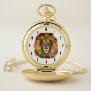 Rasta lion head red yellow green drawing Jamaica Pocket Watch