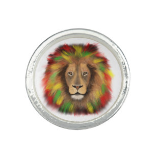 Rasta lion head red yellow green drawing Jamaica Ring