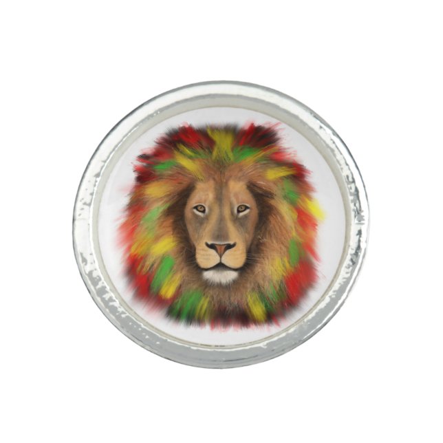 Rasta lion head red yellow green drawing Jamaica  Ring (Front)
