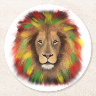 Rasta lion head red yellow green drawing Jamaica Round Paper Coaster