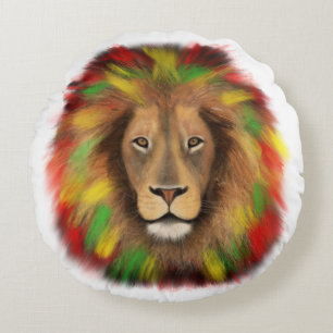 Rasta lion head red yellow green drawing Jamaica Round Pillow