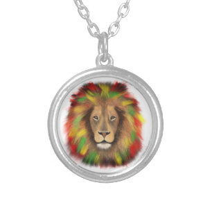 Rasta lion head red yellow green drawing Jamaica Silver Plated Necklace
