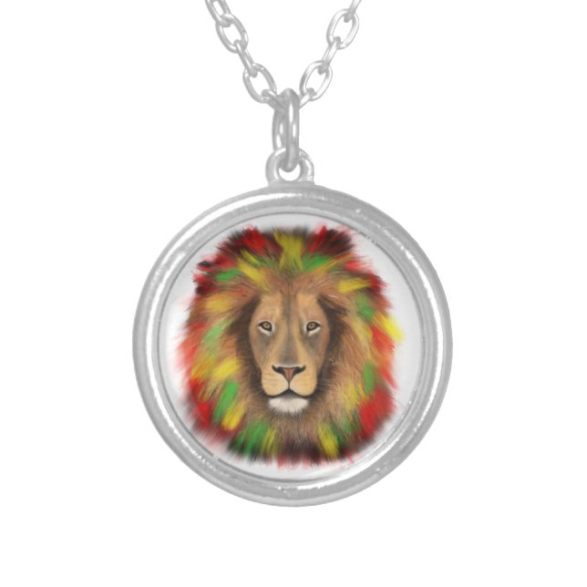 Rasta lion head red yellow green drawing Jamaica  Silver Plated Necklace (Front)