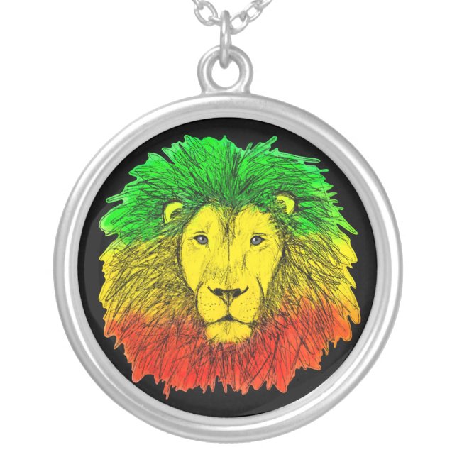 Rasta lion head red yellow green drawing Jamaica  Silver Plated Necklace (Front)
