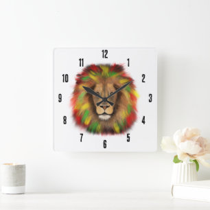 Rasta lion head red yellow green drawing Jamaica Square Wall Clock