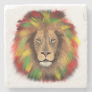 Rasta lion head red yellow green drawing Jamaica Stone Coaster