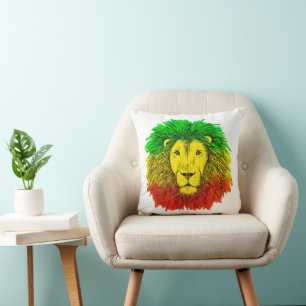 Rasta lion head red yellow green drawing Jamaica Throw Pillow