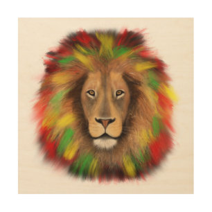 Rasta lion head red yellow green drawing Jamaica Wood Wall Art