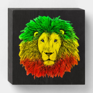 Rasta lion head red yellow green drawing Jamaica  Wooden Box Sign