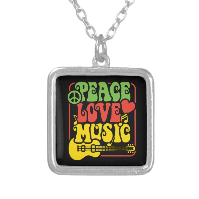 Rasta Peace Love Music Silver Plated Necklace (Front)