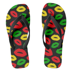Rasta Reggae Red Gold Green Lipstick Kisses Flip Flops