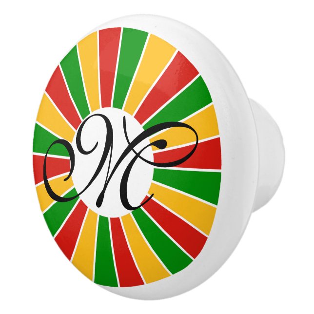 RASTAFARI FLAG BUTTON RAYS + your sign or monogram Ceramic Knob (Right)