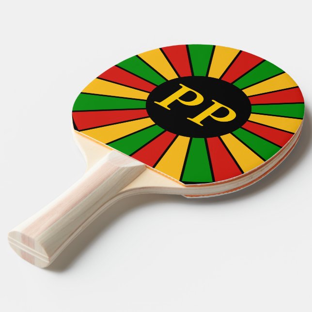 RASTAFARI FLAG BUTTON RAYS + your sign or monogram Ping Pong Paddle (Front Angle)