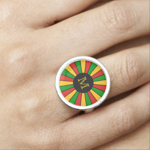 RASTAFARI FLAG BUTTON RAYS + your sign or monogram Ring