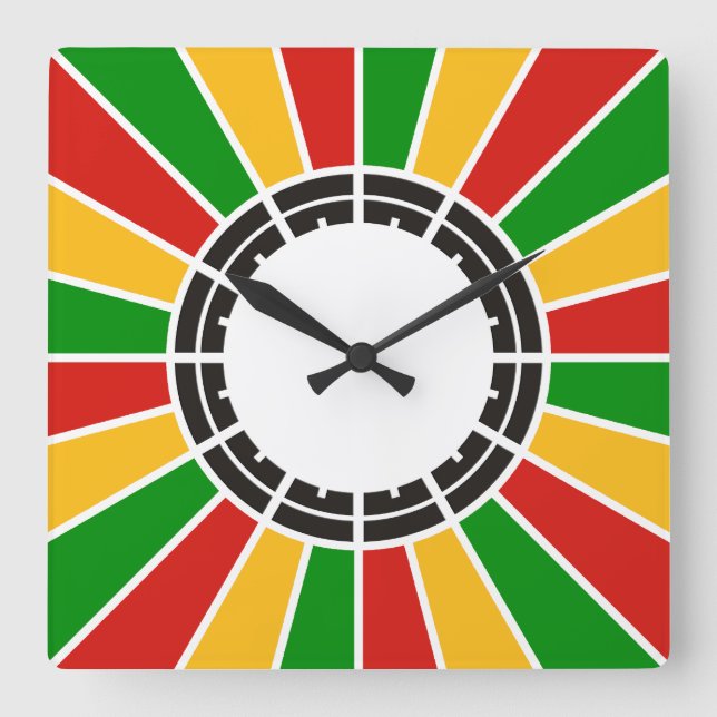 RASTAFARI FLAG BUTTON RAYS + your sign or monogram Square Wall Clock (Front)