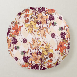 Raster illustration. Light flower pattern on color Round Pillow