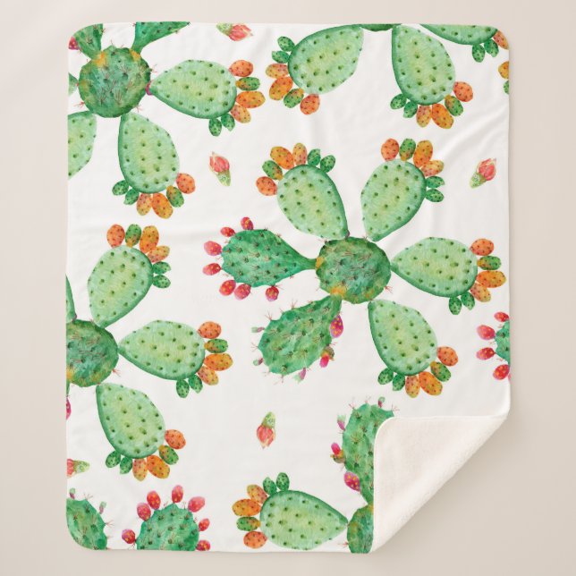 Raster watercolor seamless cactus set background.  sherpa blanket (Front)