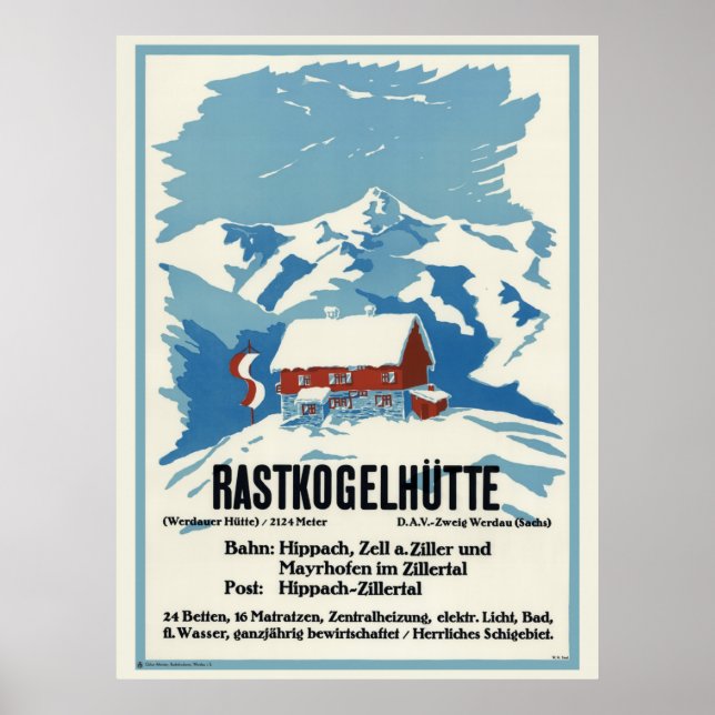 Rastkogelhütte Germany Vintage Poster 1938 (Front)