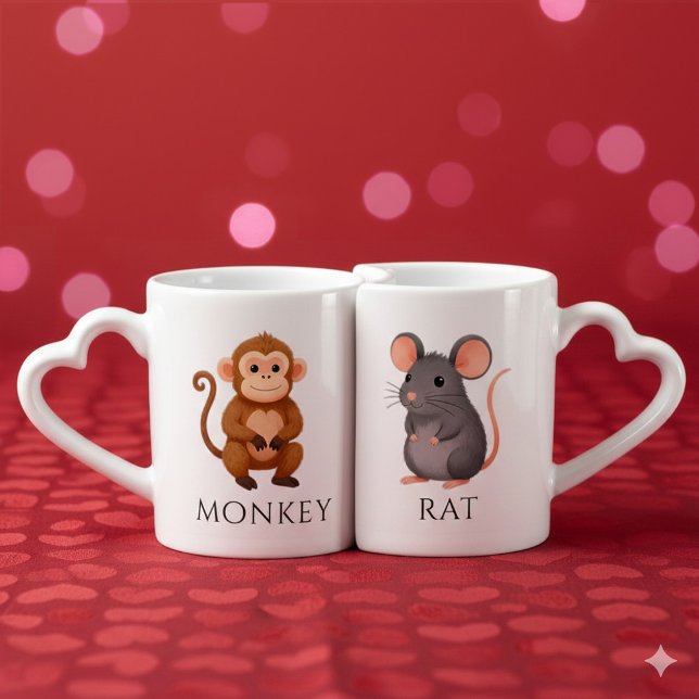 Rat 鼠 Monkey 猴 Chinese Zodiac Coffee Mug Set (Whimsical Asian Rat and Monkey Lovers' Nesting Mugs Cover Photo)