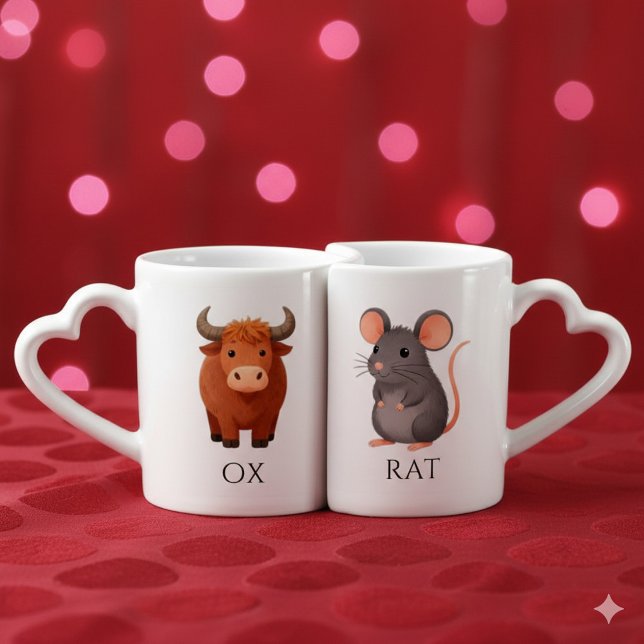 Rat 鼠 Ox 牛 Chinese Zodiac Coffee Mug Set (Whimsical Asian Ox & Rat Lover's Nesting Mugs Cover Photo)