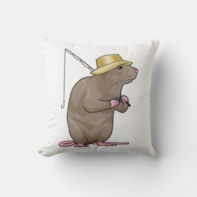 Rat at Fishing with Fishing rod Throw Pillow (Front)