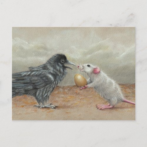 Rat feeding raven egg postcard