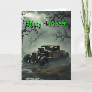 Rat Rod In Misty Halloween Swamp At Night Card