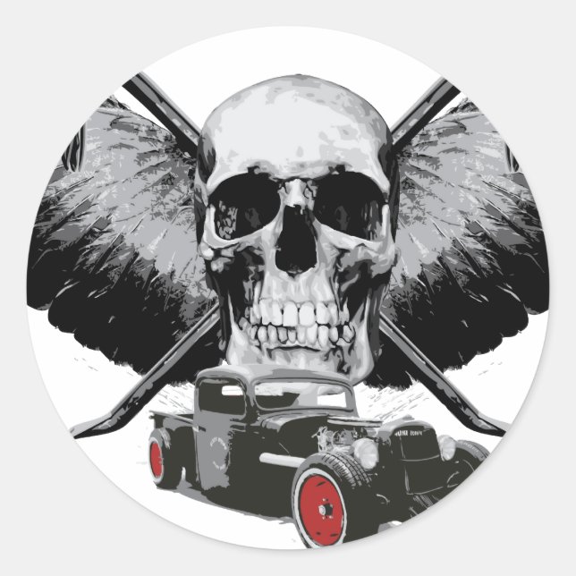 Rat Rod Skull & Crowbars Classic Round Sticker (Front)