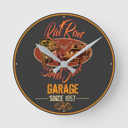 Rat Rod Street Shock Garage with Any Date _ Round Clock