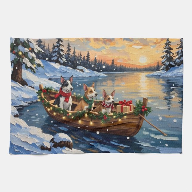 Rat Terrier Christmas Boat Holiday Kitchen Towel (Horizontal)