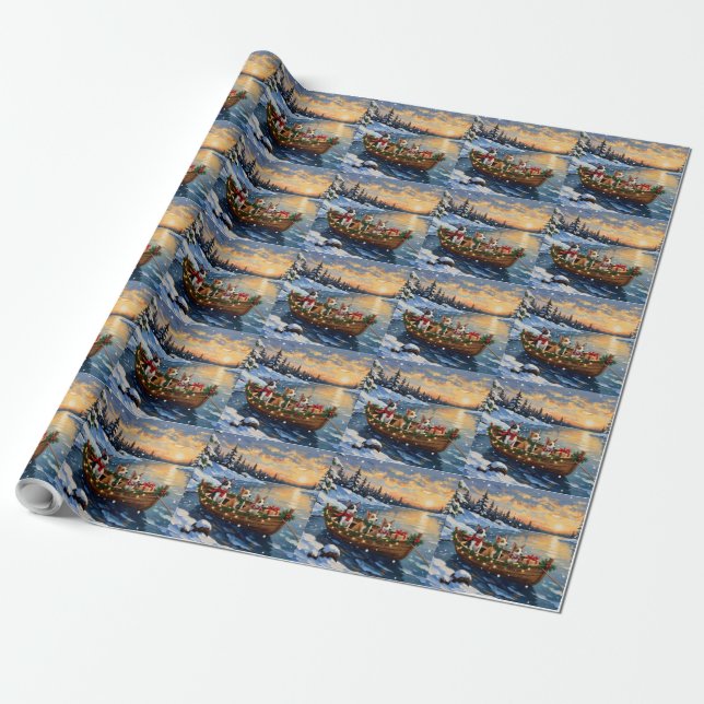 Rat Terrier Christmas Boat Holiday Wrapping Paper (Unrolled)