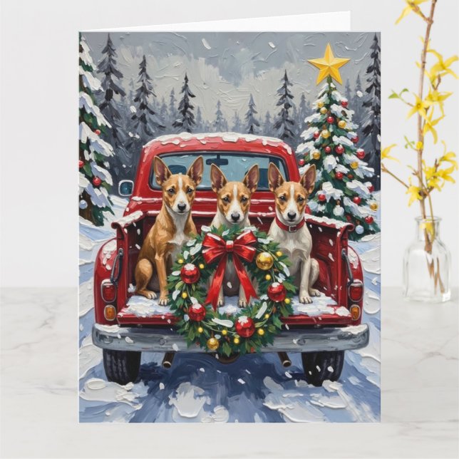Rat Terrier Christmas Red Truck Holiday Card (Yellow Flower)
