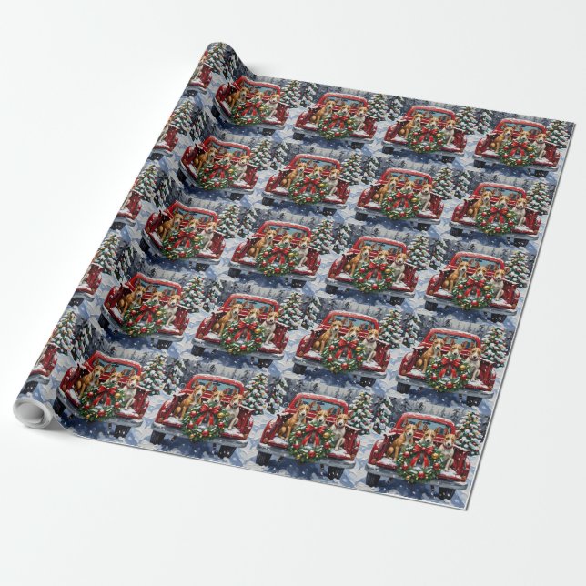 Rat Terrier Christmas Red Truck Holiday Wrapping Paper (Unrolled)